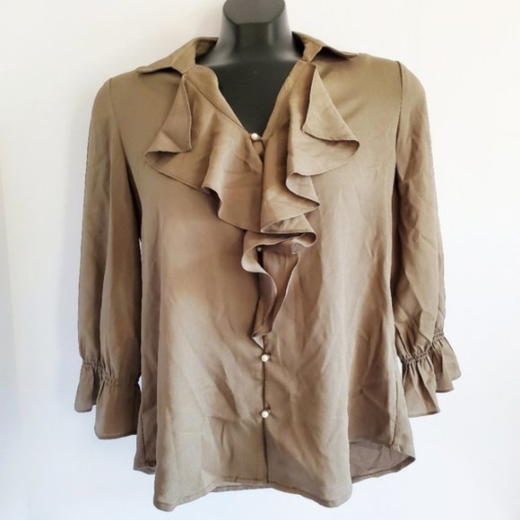 KARL LAGERFELD Bell Sleeve Ruffle Olive Green Pearl Button Top XS - Picture 4 of 8